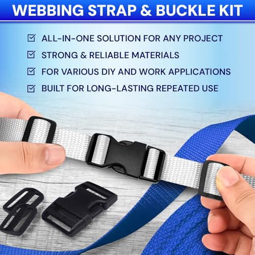 TECEUM 1" Nylon Strap Kit with Buckles, White 6 yards Repair Set | Heavy duty hardware kit: 6yd webbing, 6 quick release buckles, 12 tri-glide slide clips, 6 metal D-rings for crafting. - color: White, size: 1" - 6 yards, style: 6 Buckle - 12 Slides - 6 D