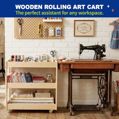3-Tier Wooden Art Cart Organizer on Wheels for Kids | Rolling Craft Cart, Montessori Furniture, Multi-Functional Birch Plywood Art Supply Cart for Office, Nursery & Classroom