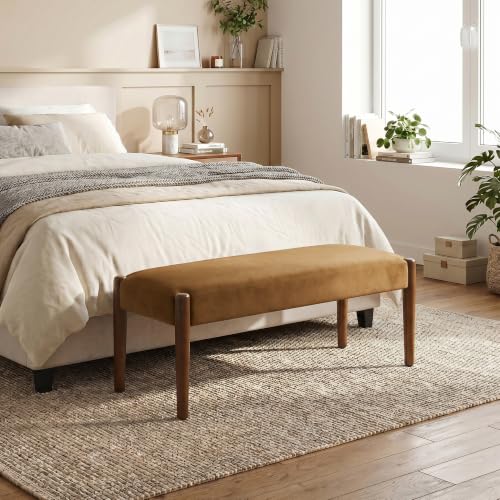 Usaint 42" End of Bed Bench with Wood Legs, Caramel Orange with Walnut Leg - color: Caramel Orange With Walnut Leg