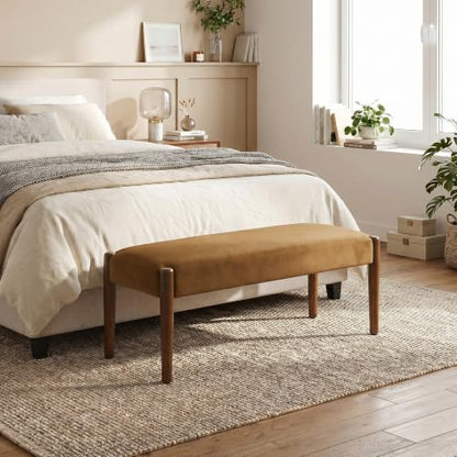 Usaint 42" End of Bed Bench with Wood Legs, Caramel Orange with Walnut Leg - color: Caramel Orange With Walnut Leg