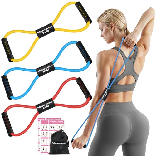 RENRANRING Figure 8 Fitness Resistance Bands with Handles - Exercise Tube Band Set of 3 for Arm and Shoulder Stretch, Rope 8 Word Elastic for Women and Men - color: Yellow, Blue, Red, size: 3pcs