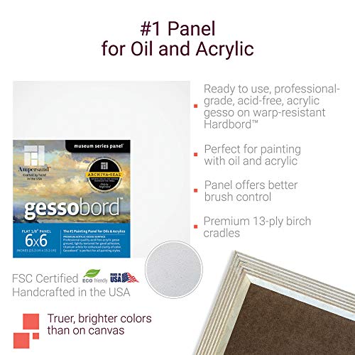 Ampersand Art Supply Gesso Wood Painting Panel: Museum Series Gessobord, 6" x 6", 1/8" Flat Profile, Pack of 40 - size: 6" x 6" (Pack of 10)