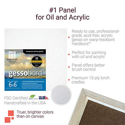 Ampersand Art Supply Gesso Wood Painting Panel: Museum Series Gessobord, 6" x 6", 1/8" Flat Profile, Pack of 40 - size: 6" x 6" (Pack of 10)