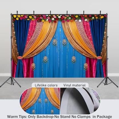 Yeele 6x4ft India Pooja Backdrop Diwali Marigold Blue Curtain Background for Photography Indian Ganpati Puja Traditional Wedding Festival Party Decoration Photo Booth Props - size: 6x4ft