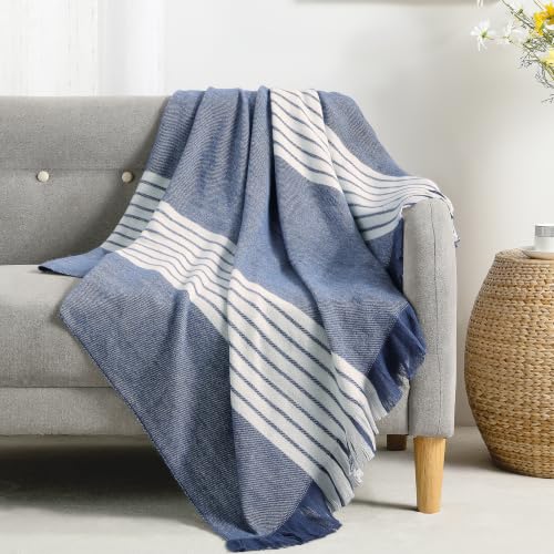 BOURINA Throw Blanket Boho Striped Fringe Throw, Lightweight Woven Tassel Decorative Blanket for Couch Sofa Bed, Farmhouse Accent Blanket for Living Room Bedroom，Blue 50x60 inches - color: Stripes-blue