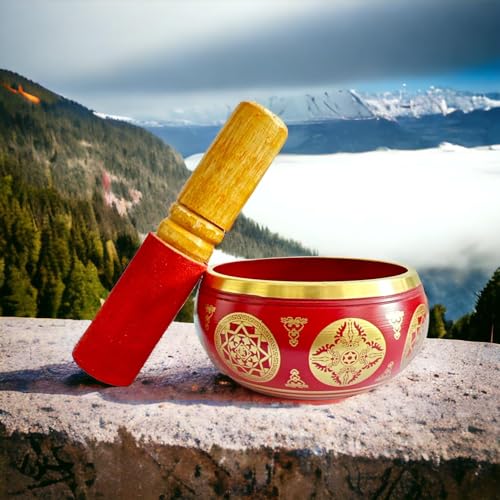 Nature's Own Tibetan Singing Bowl Set- Easy to Play- Meditation Sound Bowl Handcrafted in Nepal for Yoga, Mindfulness, Chakra Healing, Stress Relief- Spiritual Gifts for Women and Men (3.5 Inch, Red) - color: Red