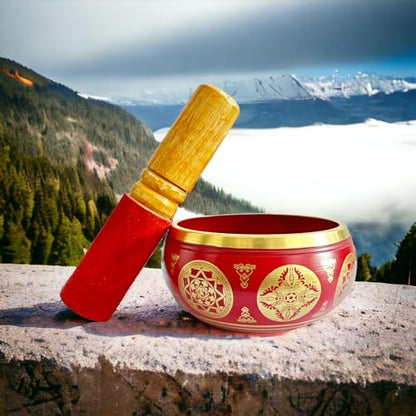Nature's Own Tibetan Singing Bowl Set- Easy to Play- Meditation Sound Bowl Handcrafted in Nepal for Yoga, Mindfulness, Chakra Healing, Stress Relief- Spiritual Gifts for Women and Men (3.5 Inch, Red) - color: Red
