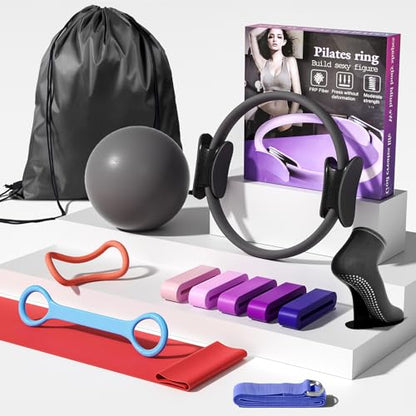 Pilates Kit for Women,15 Inch Magic Circle, 6 Multi-Level Resistance Bands,Yoga Ball Socks, Back Neck Stretcher ,14-Piece Full Body Toning Pilates Equipment for Beginners, 15 Min Daily Routine - color: Black