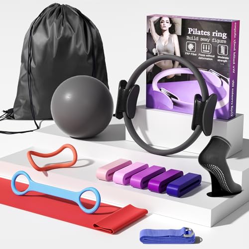 Pilates Kit for Women,15 Inch Magic Circle, 6 Multi-Level Resistance Bands,Yoga Ball Socks, Back Neck Stretcher ,14-Piece Full Body Toning Pilates Equipment for Beginners, 15 Min Daily Routine - color: Black