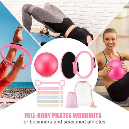 Silipull 11 Pcs Pilates Ring Set for Women, Yoga Home Gym Equipment with 12" Ring, 9.8" Exercise Ball, 5 Resistance Bands, 8 Figure Strap, Core Sliders & Storage Bag, for Beginner Workouts & Gifts