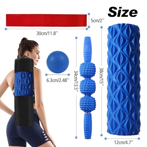 5 in 1 Foam Roller Set High Density Patented Foam Roller for Exercise | Foam Roller Massage Stick, Massage Ball, Resistance Band for Deep Muscle Massage Yoga Trigger Point Release Blue Diamond - color: Blue Diamond