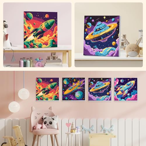 4 Pack Paint by Numbers for Kids with Wooden Framed, Space Rocket, Spaceship, Paint by Number Kits on Canvas for Beginner, Acrylic Oil Painting Kits for Home Decor 8x8 inch, Colorful Planets and Stars - color: dark blue