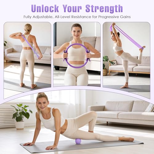 Pilates Kit, Pilates Equipment for Home Workouts, Home Pilates Essentials Kit for Women with Pilates Ring and Ball Set, Socks, Ankle Resistance Bands with Cuffs, Resistance Band and Massage Ball - color: Purple