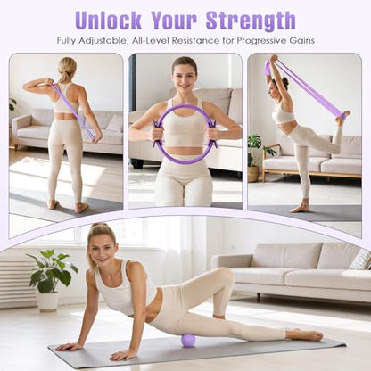 Pilates Kit, Pilates Equipment for Home Workouts, Home Pilates Essentials Kit for Women with Pilates Ring and Ball Set, Socks, Ankle Resistance Bands with Cuffs, Resistance Band and Massage Ball - color: Purple