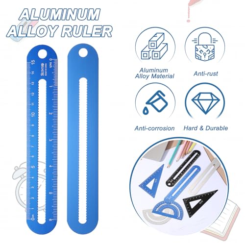 HARFINGTON 4pcs Triangular Ruler Set 15cm/6" Aluminum Alloy Straight Geometric Protractor Triangle Engineering Scale Drafting Ruler Kit Measuring Drawing Tool for Classroom Office Home, Blue - color: Blue
