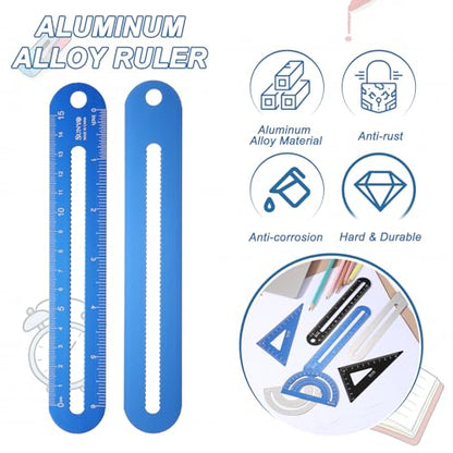 HARFINGTON 4pcs Triangular Ruler Set 15cm/6" Aluminum Alloy Straight Geometric Protractor Triangle Engineering Scale Drafting Ruler Kit Measuring Drawing Tool for Classroom Office Home, Blue - color: Blue