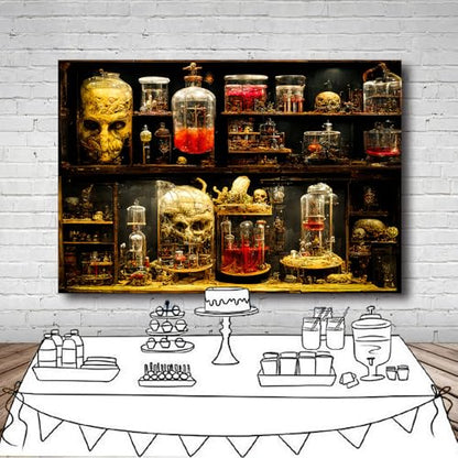 8x6FT Horror Lab Halloween Backdrop Frankenstein Ghost Skeletons Magic Witches Apothecary Authentic Lab Specimen for Halloween Party Birthday Baby Shower Party Supplies Decorations Backdrop - size: 8x6FT