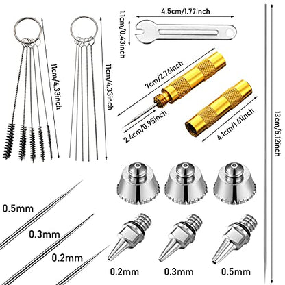 21 Pieces Airbrush Nozzle Cap Kit Airbrush Needle Replacement Parts Airbrush Needles with Wrench and Airbrush Cleaning Kit Replacement Part for Airbrush Sprayer Accessories, 0.2/0.3/0.5 mm