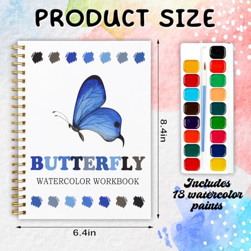 Butterfly Watercolor Workbook, Water Coloring Book, 12 Patterns, Watercolor Kit for Beginners, DIY Art Gift for Women and Adults, Stress Relief Watercolor Workbook, Garden and Nature Lover Kit ﻿ - color: Blue-Butterfly