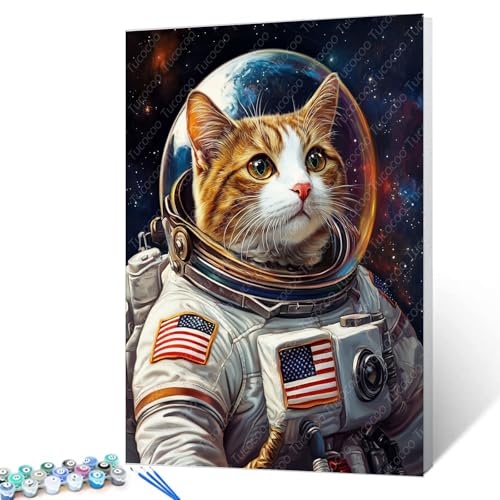 Tucocoo Cat DIY Paint by Numbers for Adults Cat Astronaut DIY Digital Oil Painting Acrylic Paint Planet Outer Space Painting Kits Canvas Wall Art Funny Room Decor 16x20 Inch （DIY Frame ） - color: Astronaut Animal 08, size: 16''x20''(DIY Frame)