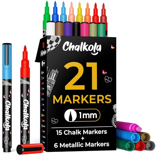 Chalkola 21 Extra Fine Tip Liquid Chalk Markers for Blackboard & Glass Pens | (Pack of 21, 1mm Tip) - Washable Liquid Chalk Pens for Dry Erase Board, Car Windows - Thin Chalkboard Markers Erasable - size: Extra Fine Tip - 1mm