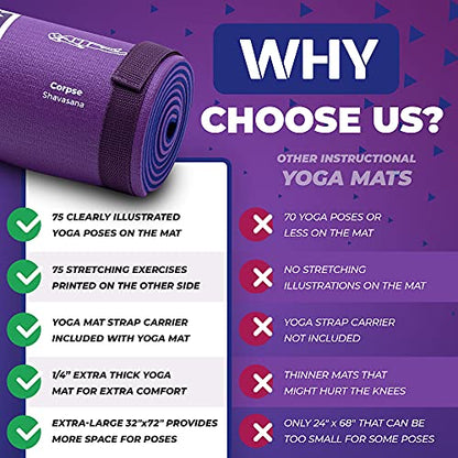 Instructional Yoga Mat with Carrying Strap: Cute Yoga Mat with 75 Illustrated Yoga Poses + 75 Easily-Followed Stretching Exercises - 1/4” Thick, Non-Toxic, Non-Slip Yoga Mats for Women and Men - color: Blue/Purple (72" x 32")