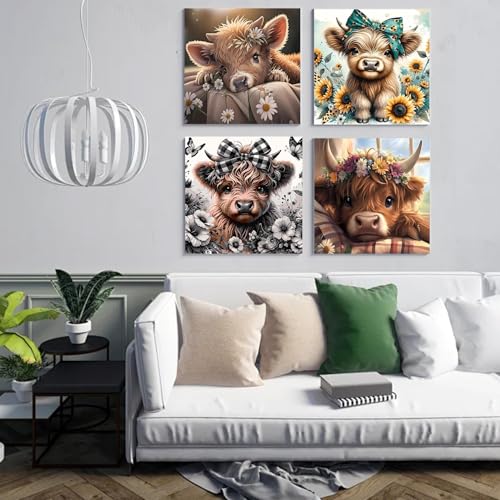 4 Pack Highland cattle Paint by Numbers kit for Adults and Kids | Cow Painting by Number Kits On Canvas, Number Artist DIY Oil Painting Acrylic Paints, Home Wall Decor 10x10in