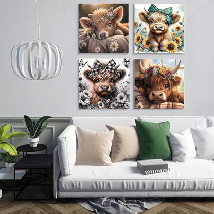 4 Pack Highland cattle Paint by Numbers kit for Adults and Kids | Cow Painting by Number Kits On Canvas, Number Artist DIY Oil Painting Acrylic Paints, Home Wall Decor 10x10in