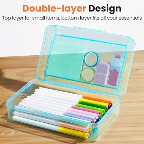 Sooez Double Layer Pencil Box, Large Hard Pencil Case Organizer, Clear Box | Plastic Crayon Box for Girls and Boys, Colored Marker Organizer, Small Plastic Containers/Bins with Lids, Art Supply Storage - color: Clear