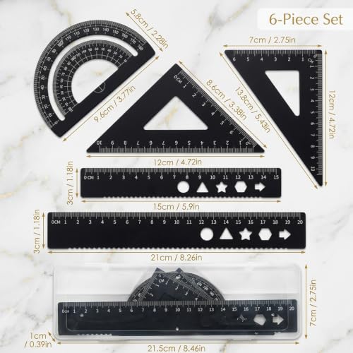 Triangle Ruler, 6 Pcs Aluminum Drafting Triangle Set with Metal Protractor, Professional Metal Ruler Kit for School Math Classes and Engineering Drafting, Portable Geometry Tools with Protective Case
