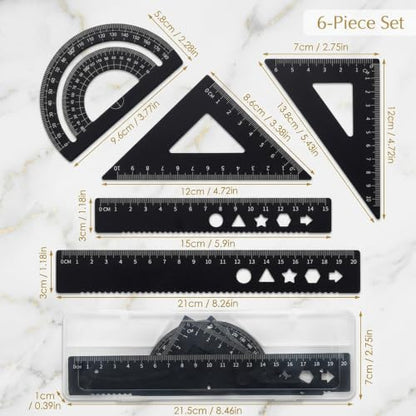 Triangle Ruler, 6 Pcs Aluminum Drafting Triangle Set with Metal Protractor, Professional Metal Ruler Kit for School Math Classes and Engineering Drafting, Portable Geometry Tools with Protective Case