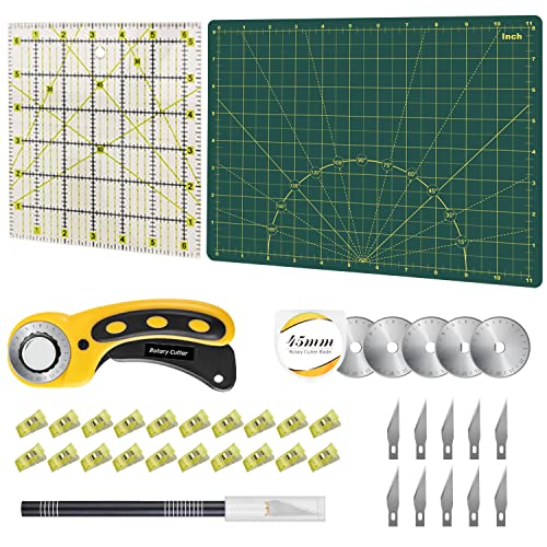39 Pcs Rotary Cutter Set - Quilting Kit incl. 45mm Fabric Cutter, 5 Extra Rotary Blades, A4 Cutting Mat, Craft Knife Set, Quilting Ruler and Sewing Clips, Ideal for Crafting, Sewing, Patchworking - color: Green, size: A4 Rotary Cutter Set