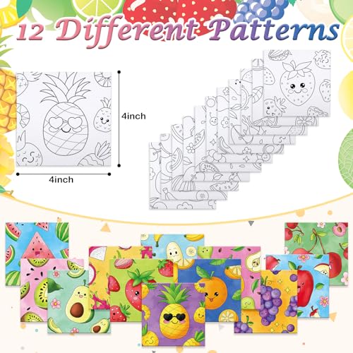 Anseal 12 Packs Pre Drawn Canvas to Paint, 4" X 4" Fruits Pre-Printed Paint Party, Pre Stretched Canvas Outline Painting Boards for Paint Lovers, Party Favor (Fruit) - style: fruit