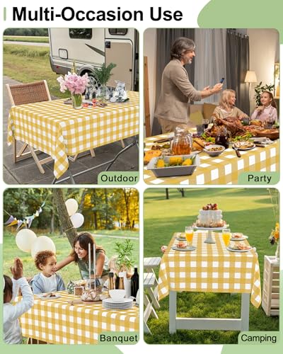 Smiry 8 Packs Gingham Disposable Table Cloth, 54 x 108 Inch Waterproof Plastic Tablecloth, Rectangle Gold and White CheckeGold Table Covers for Party, Birthday, Picnic, Banquet - color: Gold and White, size: 54"x108" (Pack of 8)