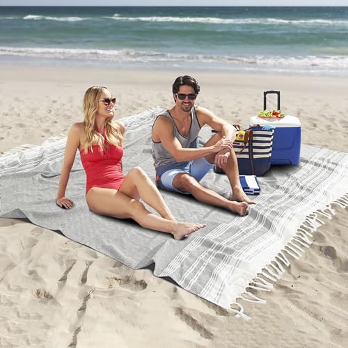 Extra Large Turkish Beach Towel Picnic Mat Throw Blanket Oversized Sand Free Quick Dry Giant Boho Sandproof Lightweight Cloud Hawaii Honeymoon Travel Essentials Xl Big Women Men Summer Vacation Gift - color: Grey, size: Giant Large 82''x88''