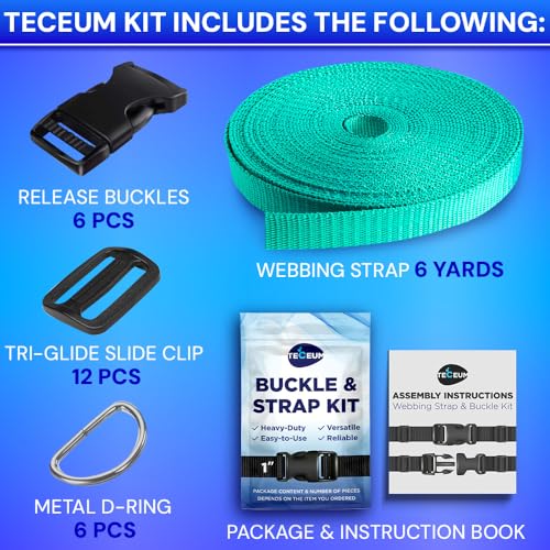 TECEUM 1" Nylon Strap Kit with Buckles, Turqouise 6 yards Repair Set | Heavy duty hardware kit: 6yd webbing, 6 quick release buckles, 12 tri-glide slide clips, 6 metal D-rings for crafting. - color: Turqouise, size: 1" - 6 yards, style: 6 Buckle - 12 Slid