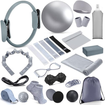 Halloscume 24 Pcs Pilates Kit, Home Pilate Equipment for Women, Pilates Ring and Ball Set with Stretching Strap, Water Bottle, Magic Circle, Yoga Ring, Gym Bag, Resistance Band, Anti Slip Sock - color: Gray