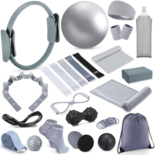 Halloscume 24 Pcs Pilates Kit, Home Pilate Equipment for Women, Pilates Ring and Ball Set with Stretching Strap, Water Bottle, Magic Circle, Yoga Ring, Gym Bag, Resistance Band, Anti Slip Sock - color: Gray