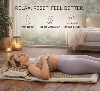 Acupressure Mat and Pillow Set, Coconut Fiber, 29-Inch, Natural | Linen Acupressure Mat And Pillow With Coconut-Fiber Filling Deliver Firmer Pressure For Back, Neck, Muscle Recovery And Sleep - color: Natural Linen Beige