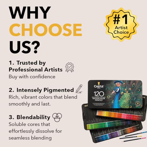 Castle Art Supplies 120 Watercolor Pencils for Adults - Professional Grade | Vibrant pigments for blending, drawing, and painting - professional-grade quality - beautifully presented in a tin case