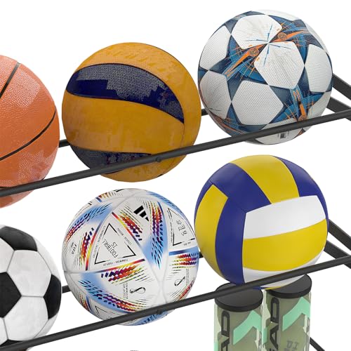 YBING Sports Equipment Organizer with 3 Separate Shelf, Ball Racks for Garage, Garage Sport Equipment Organizer with Hooks,Wall Mount Sports Holder Storage, Black