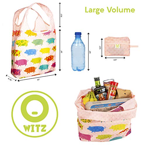 O-WITZ Reusable Grocery Bags | Vibrant Tote Bag For Groceries, Gym, Office, Beach Gear, Toys & More | Washable Design With Large Handles For Maximum Convenience | Folds Into A Small Pouch, Pig - color: Pig