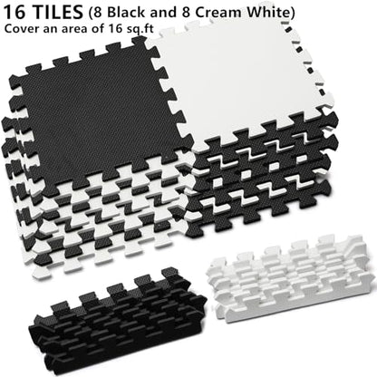 DEAYOU 16 Tiles Interlocking Foam Mat Floor Tiles, 12" x 12" EVA Foam Puzzle Mat with Borders, 0.4" Thick Soft Protective Exercise Padding Mats for Fitness, Play, Gym, Black and Cream White