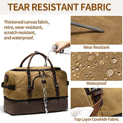 Nerlion Weekender Bag with Shoe Compartment Large Overnight Bag for Men Canvas Genuine Leather Carry on Luggage Bag Travel Duffel Bag(Brown) - color: Brown