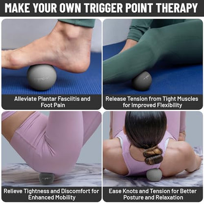 YENSI Silicone Massage Lacrosse Balls for Trigger Point Therapy, Myofascial Release, and Deep Tissue Massage. Set of 2 Balls with Carrying Bag. Latex-Free. Ideal for Feet and Targeted Muscle Relief - color: Slate Grey
