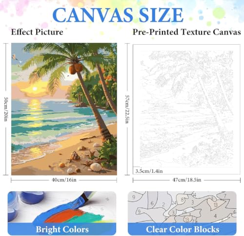ZRIZQ Beach Paint by Numbers Kit for Adults Beginner,Landscape,16x20 | Full set with rich paints,wooden brushes,rolled canvas.Calming activity.Beginner friendly.Just open and paint. - color: 16"X20"Rolled Canvas-Beach 3