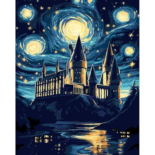 AALBLAC Magic Castle Paint by Numbers Kit for Adults Beginner - Starry Night Castle Paint by Numbers Canvas, DIY Abstract Landscape Oil Painting for Gift Home Wall Decor 16x20inch - color: Starry Night Castle-40X50