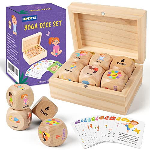 Homotte Wooden Yoga Dice Set for Kids Fun Workout Game | Including 6 Exercise Dice, 12 Yoga Cards & A Box, Mindfulness Yoga Set for Girls & Beginners