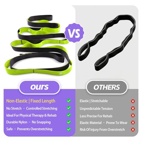 Non Elastic Stretching Strap with Loops - Yoga Straps for Physical Therapy, Durable Stretch Bands for Exercise, Flexibility Training, Hamstring & Leg Stretcher, Yoga/Pilates/Gymnastics - color: Green