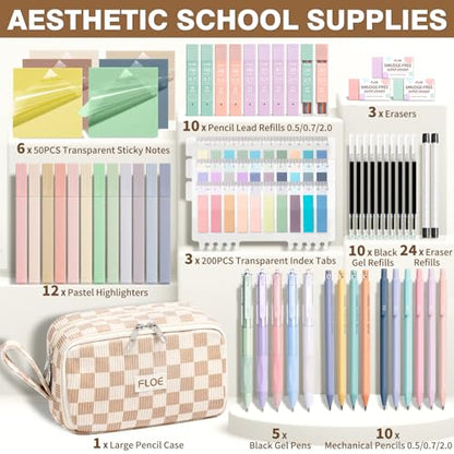 62PCS Aesthetic School Supplies Cute Back to School Supplies Stationary Set | College Preppy Essentials Kit with Large Pencil Pouch Case, Pastel Highlighters Gel Pens Mechanical Pencils for Student Girls - color: Beige Checked